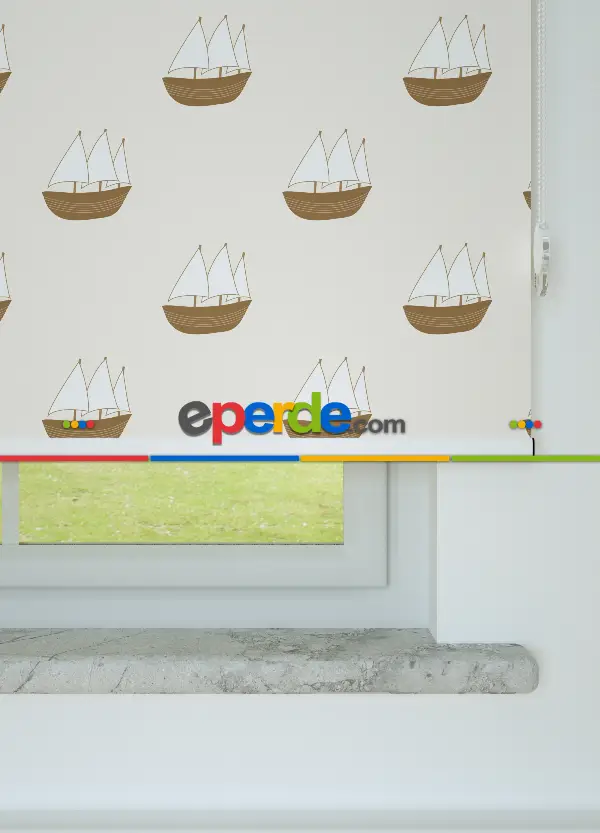 Açık Kahve Yelkenli Desenli Baskılı Stor Perde