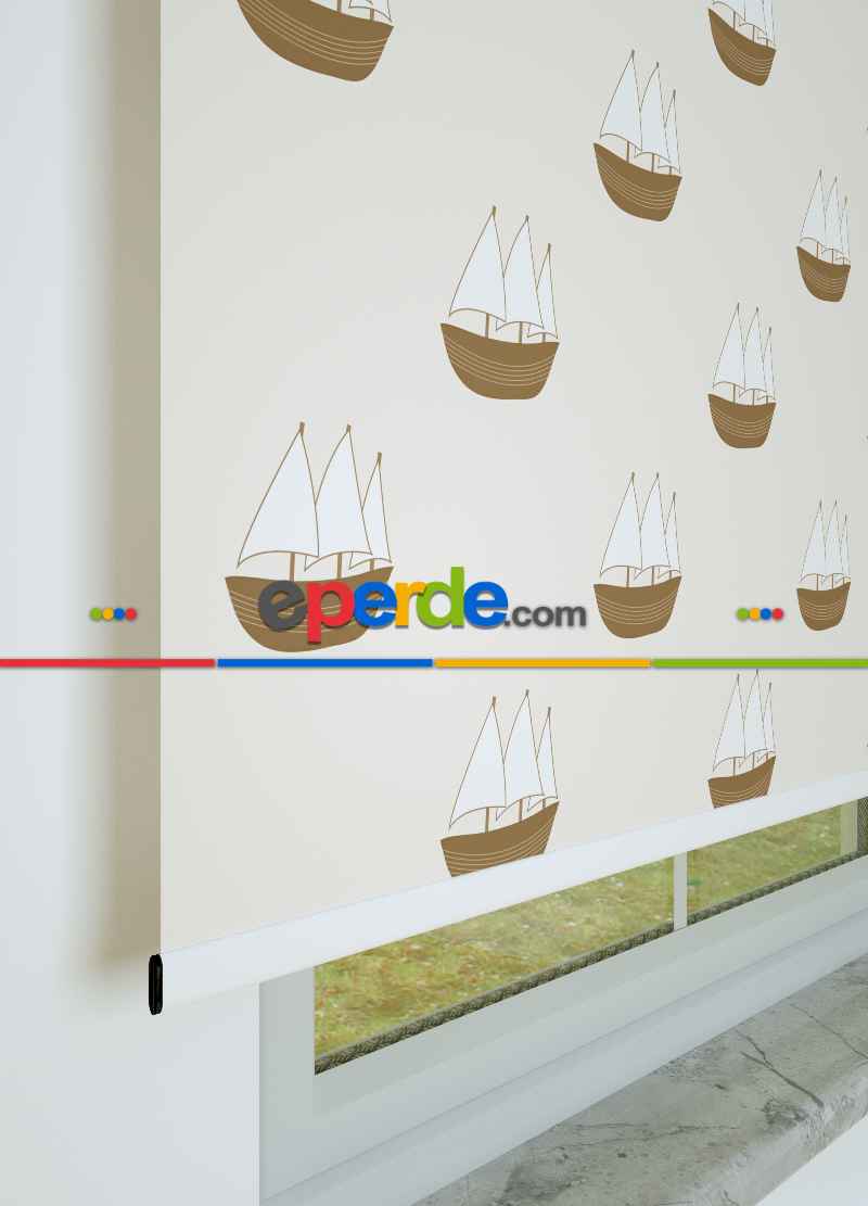 Açık Kahve Yelkenli Desenli Baskılı Stor Perde