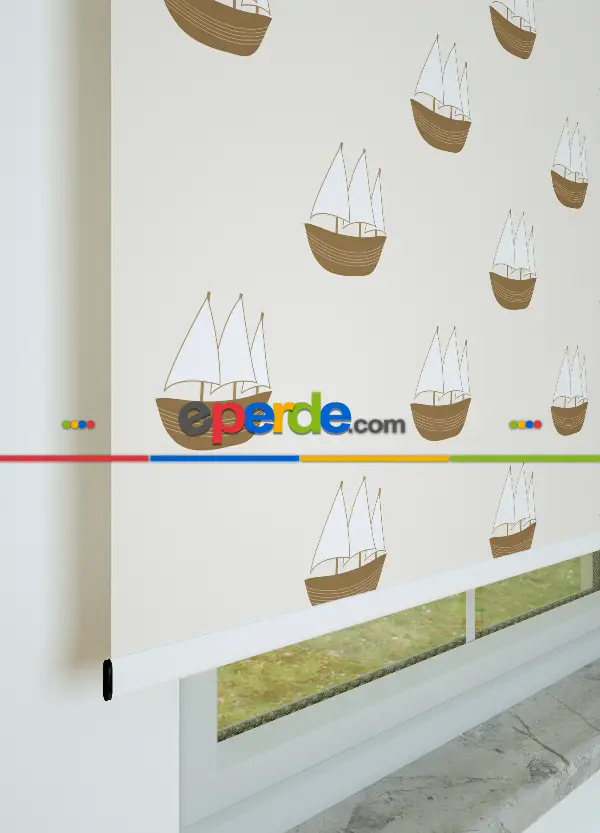 Açık Kahve Yelkenli Desenli Baskılı Stor Perde