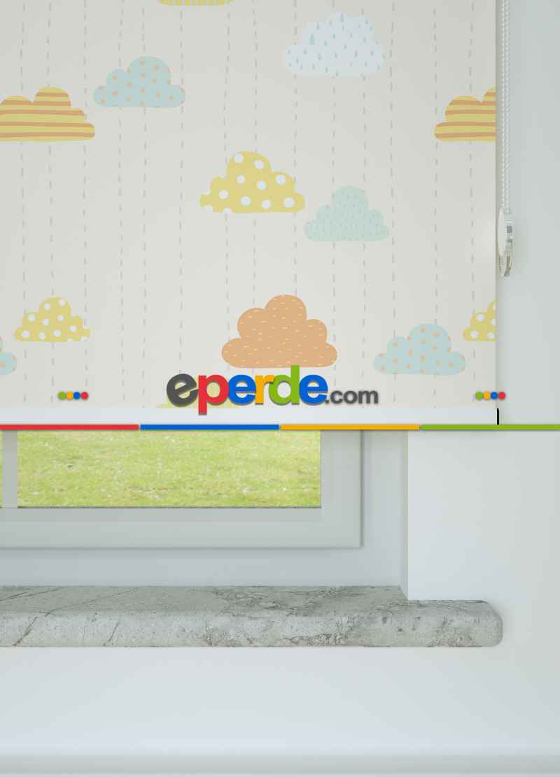 Bulut Desenli Baskılı Stor Perde