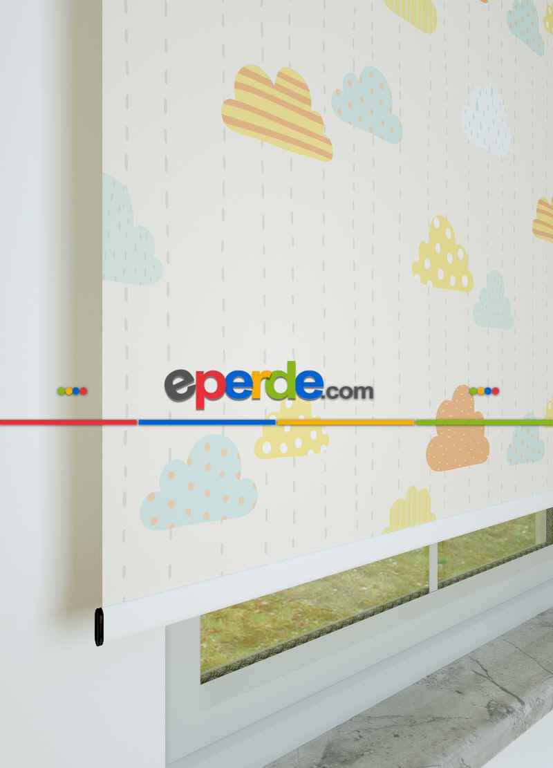 Bulut Desenli Baskılı Stor Perde