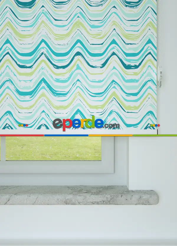 Yeşil Dalga Desenli Baskılı Stor Perde