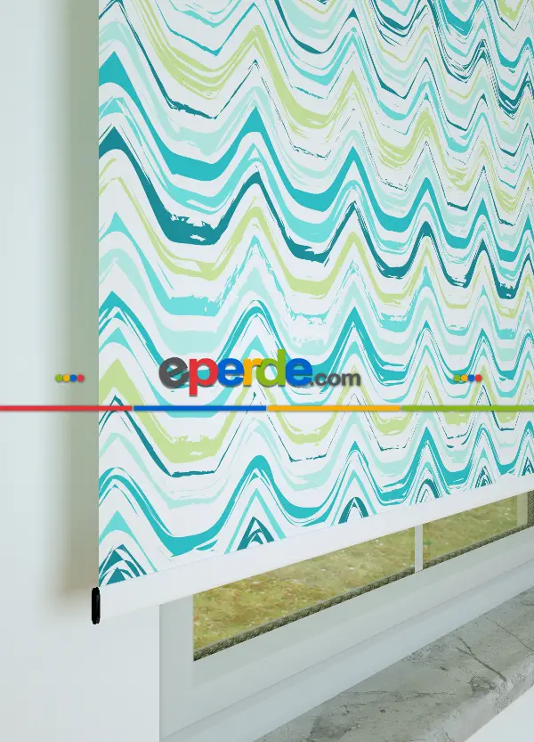 Yeşil Dalga Desenli Baskılı Stor Perde