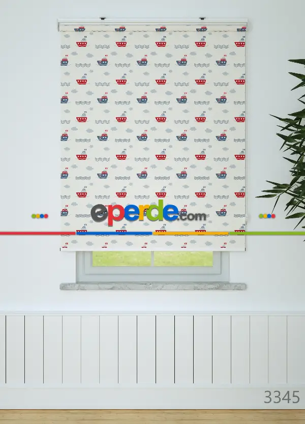 Kırmızı Gemi Desenli Baskılı Stor Perde