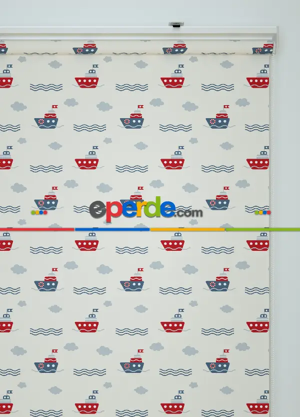 Kırmızı Gemi Desenli Baskılı Stor Perde