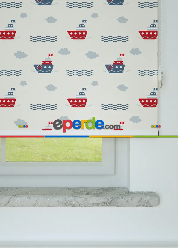 Kırmızı Gemi Desenli Baskılı Stor Perde