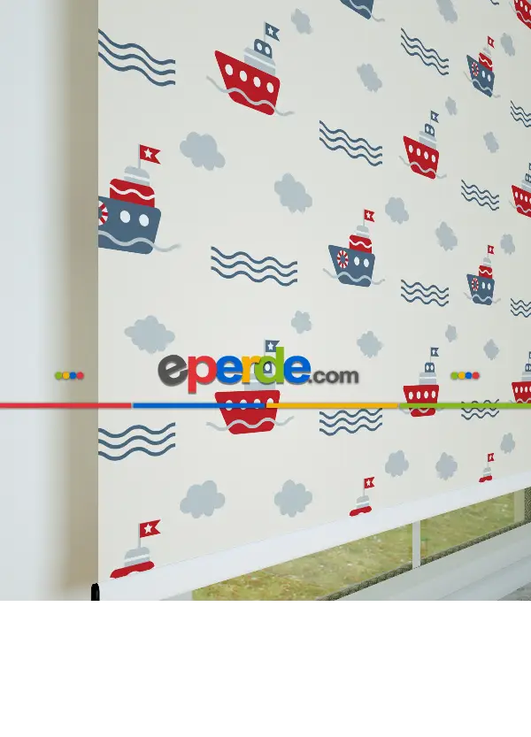 Kırmızı Gemi Desenli Baskılı Stor Perde