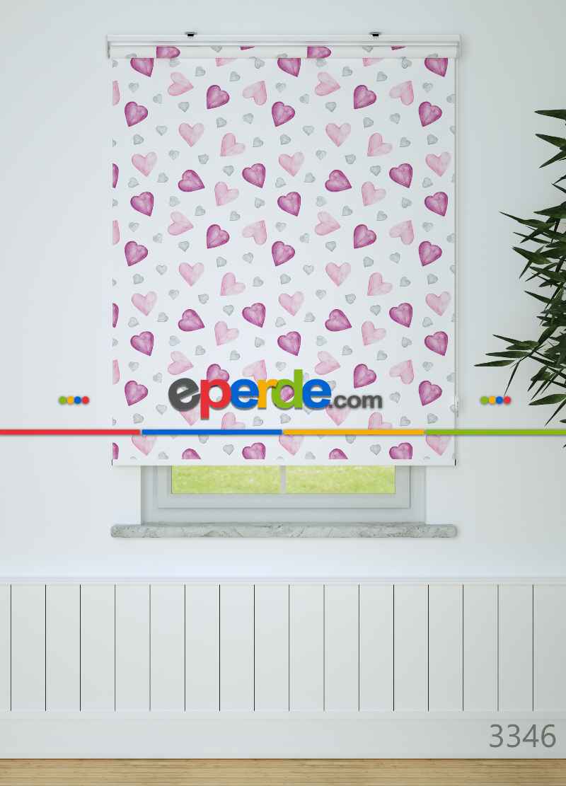 Pembe Gri Kalp Desenli Baskılı Stor Perde
