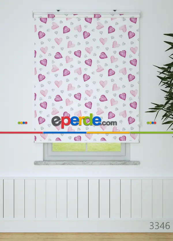 Pembe Gri Kalp Desenli Baskılı Stor Perde