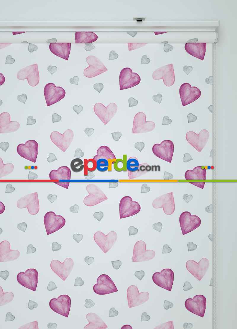 Pembe Gri Kalp Desenli Baskılı Stor Perde