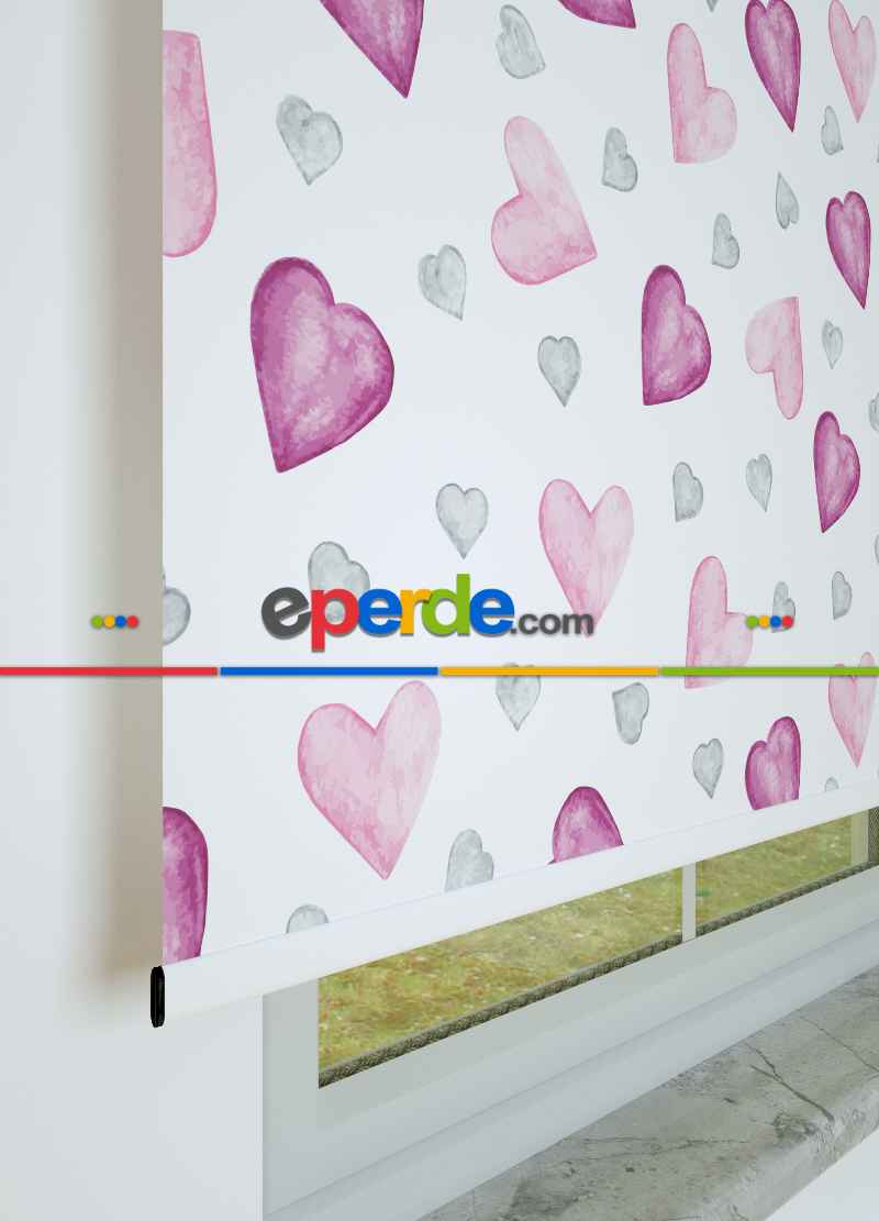 Pembe Gri Kalp Desenli Baskılı Stor Perde