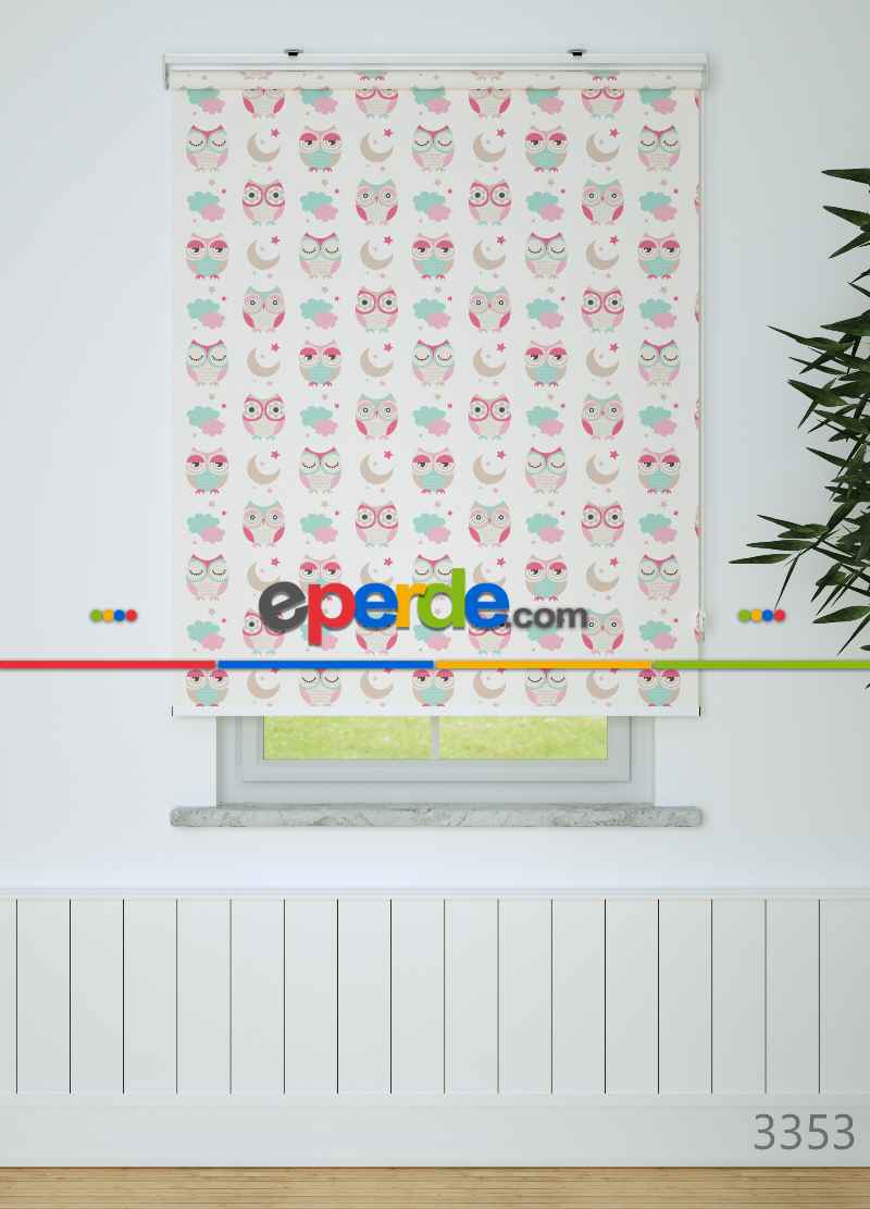 Sevimli Baykuş Desenli Baskılı Stor Perde