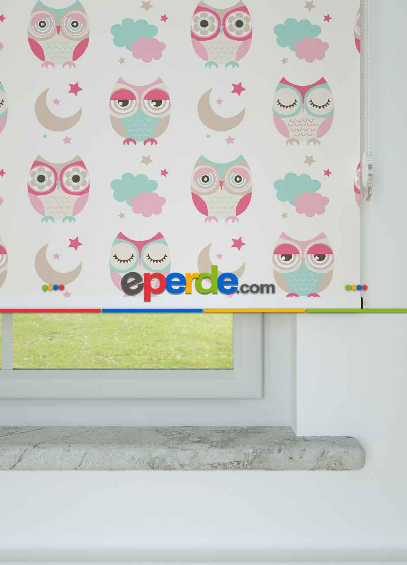 Sevimli Baykuş Desenli Baskılı Stor Perde