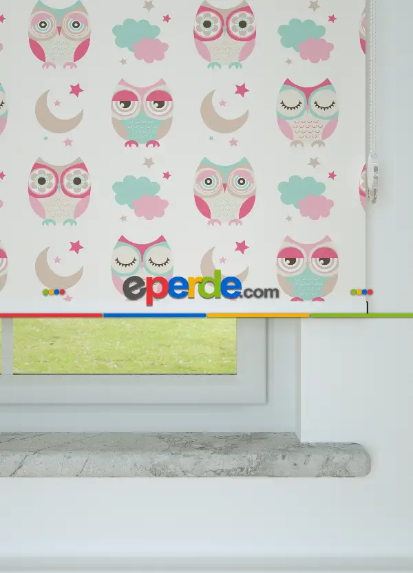 Sevimli Baykuş Desenli Baskılı Stor Perde