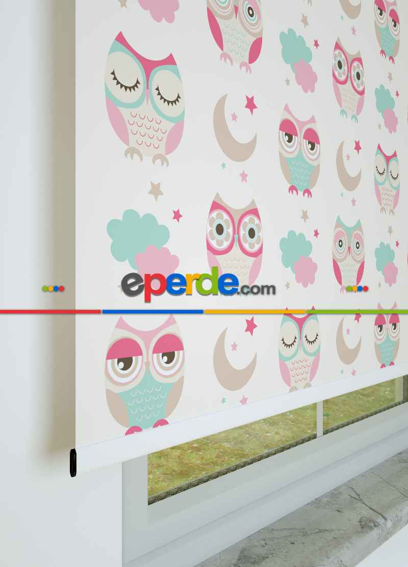 Sevimli Baykuş Desenli Baskılı Stor Perde