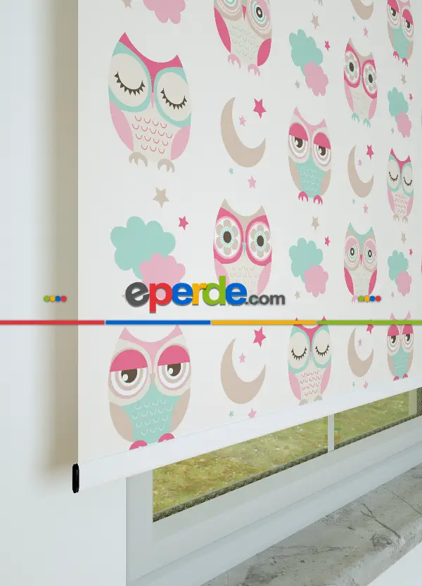 Sevimli Baykuş Desenli Baskılı Stor Perde