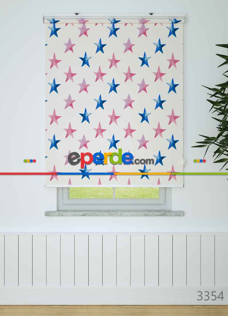 Mavi Ve Pembe Yıldız Desenli Baskılı Stor Perde