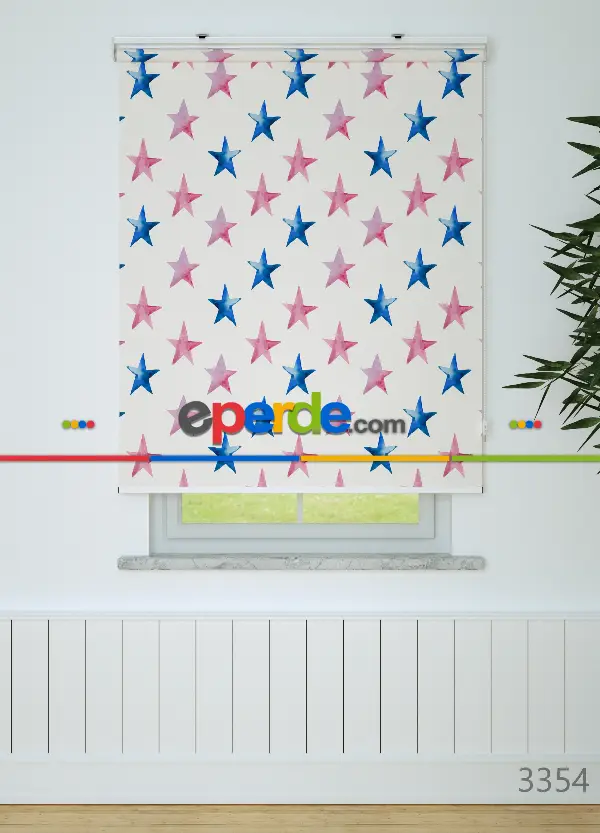 Mavi Ve Pembe Yıldız Desenli Baskılı Stor Perde