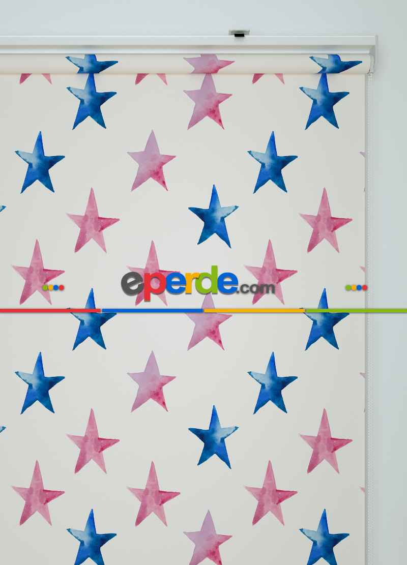 Mavi Ve Pembe Yıldız Desenli Baskılı Stor Perde