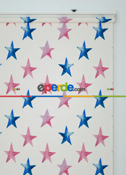 Mavi Ve Pembe Yıldız Desenli Baskılı Stor Perde