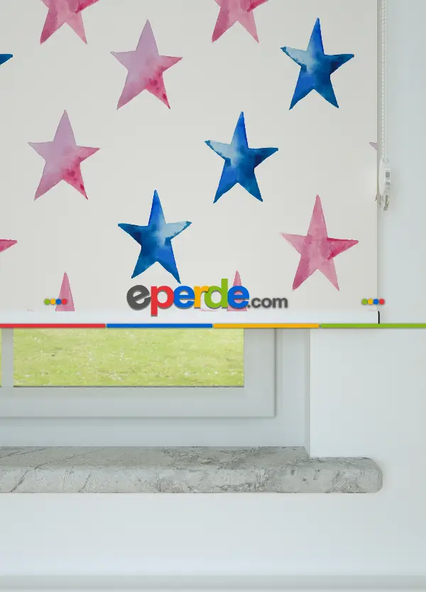 Mavi Ve Pembe Yıldız Desenli Baskılı Stor Perde