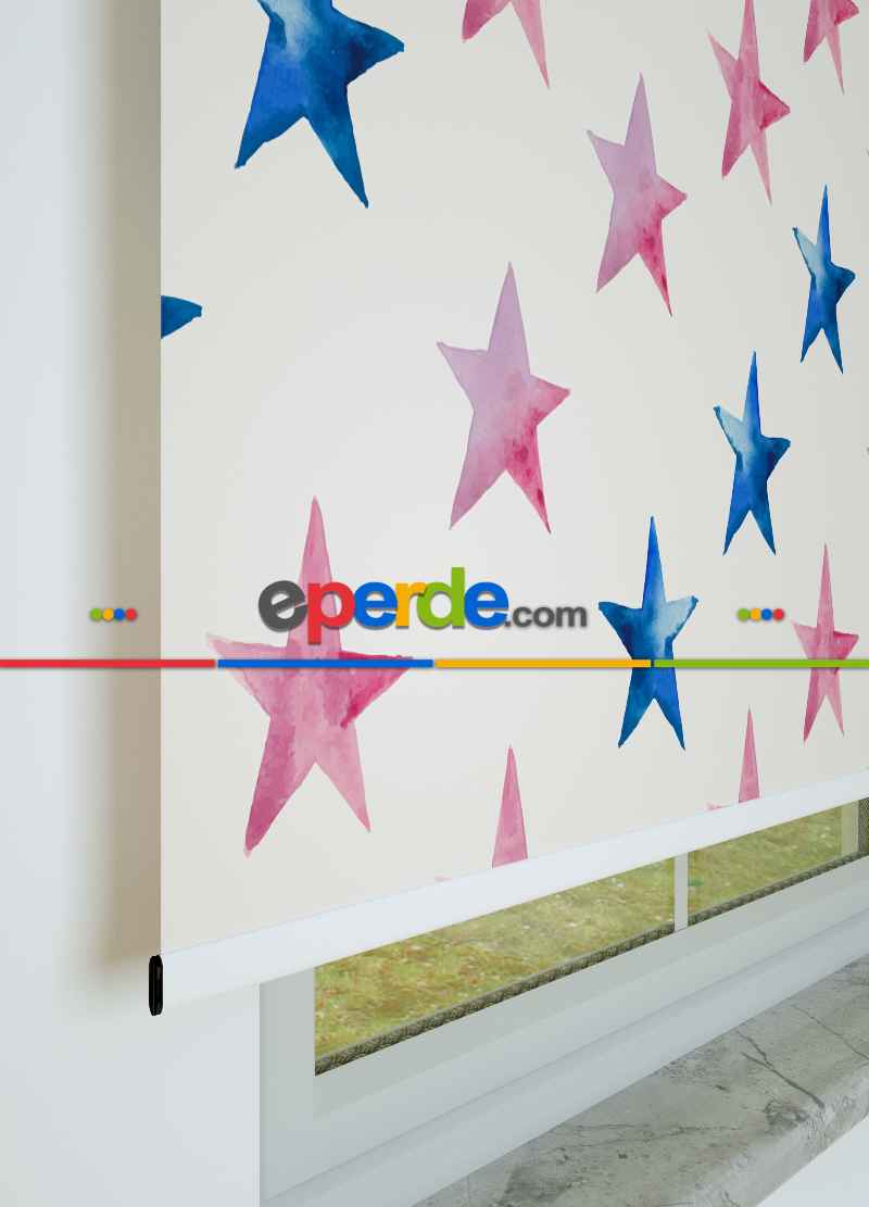 Mavi Ve Pembe Yıldız Desenli Baskılı Stor Perde