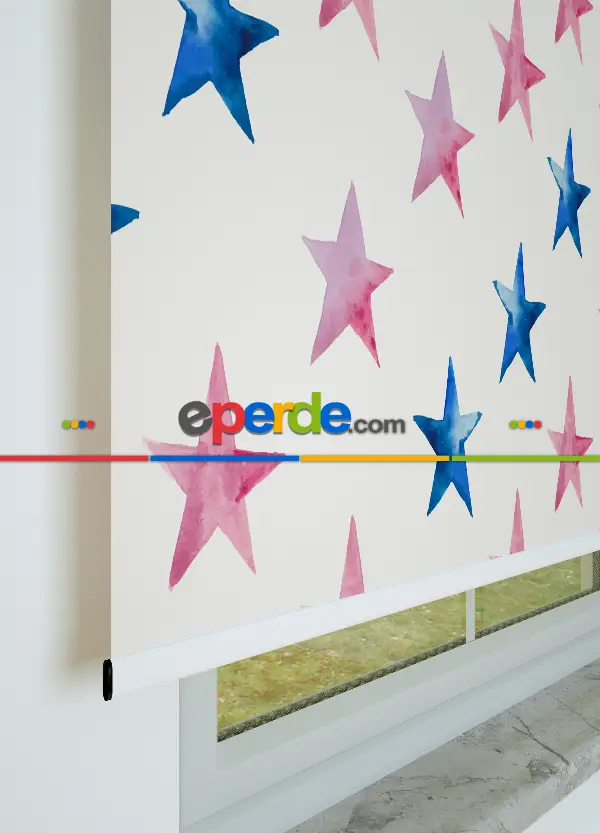 Mavi Ve Pembe Yıldız Desenli Baskılı Stor Perde