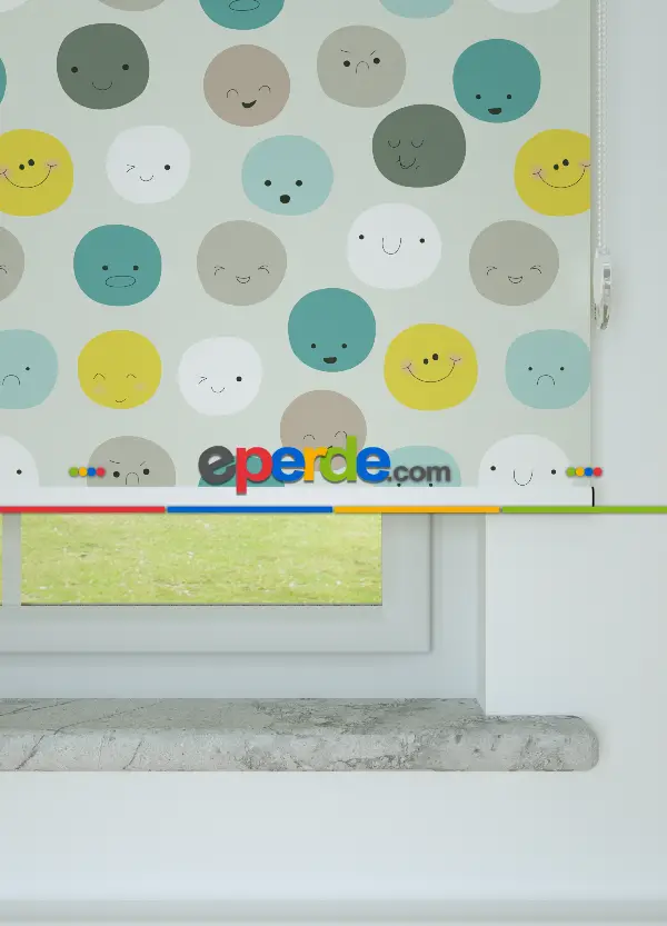 Sevimli Yuvarlaklar Desenli Baskılı Stor Perde