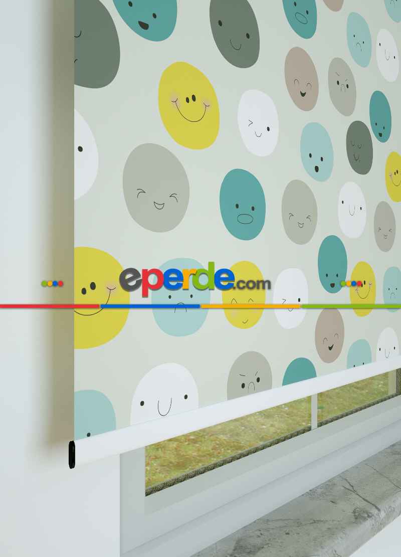 Sevimli Yuvarlaklar Desenli Baskılı Stor Perde