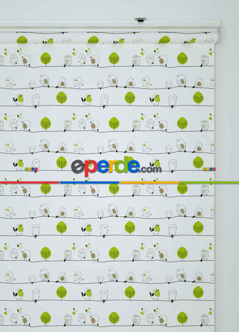 Yeşil Yaprak Ve Kuş Desenli Baskılı Stor Perde