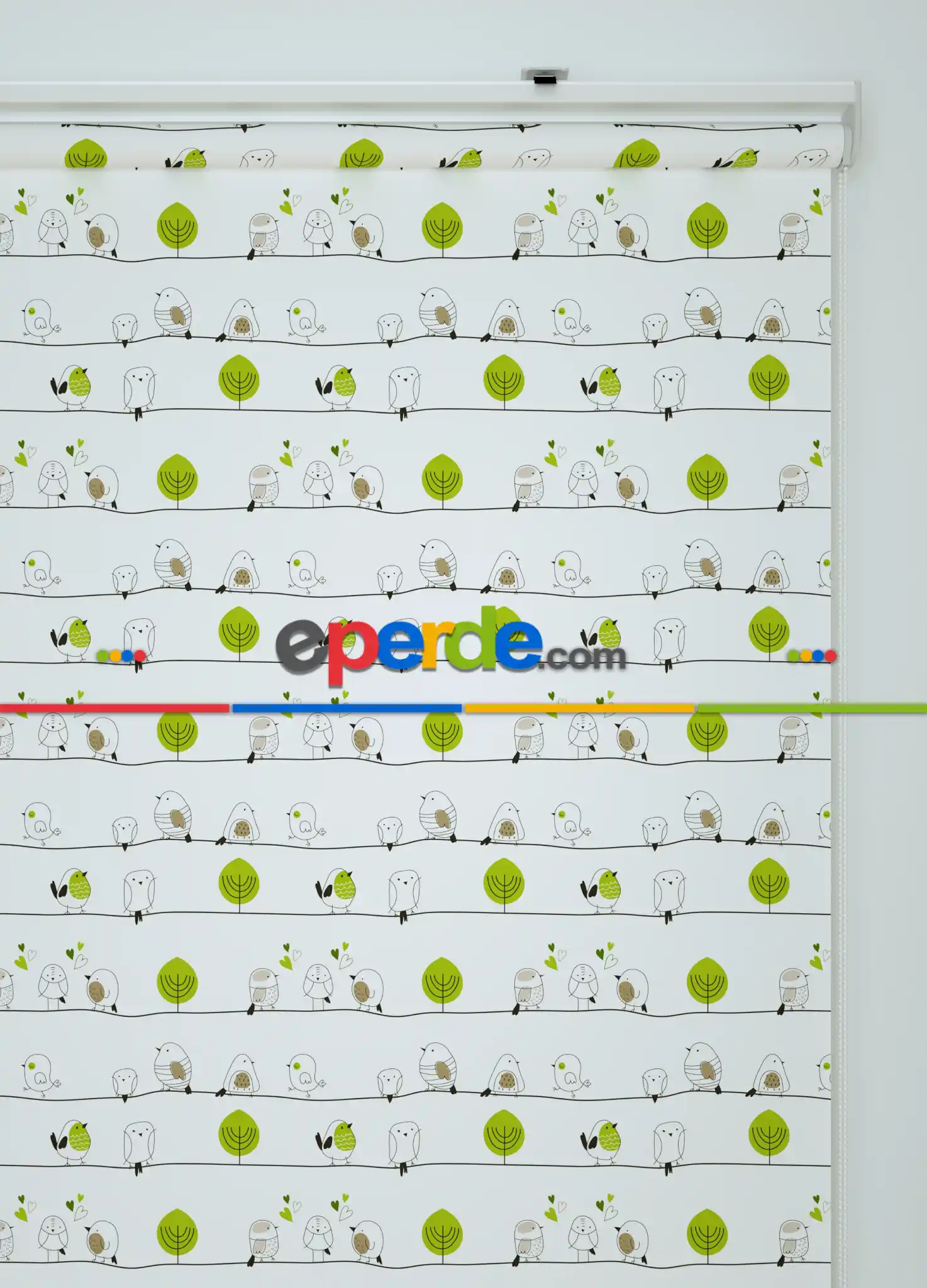 Yeşil Yaprak Ve Kuş Desenli Baskılı Stor Perde