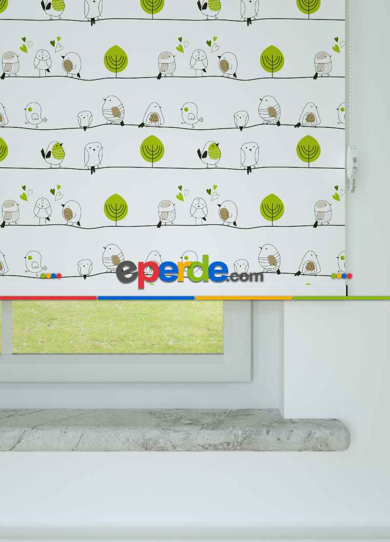 Yeşil Yaprak Ve Kuş Desenli Baskılı Stor Perde