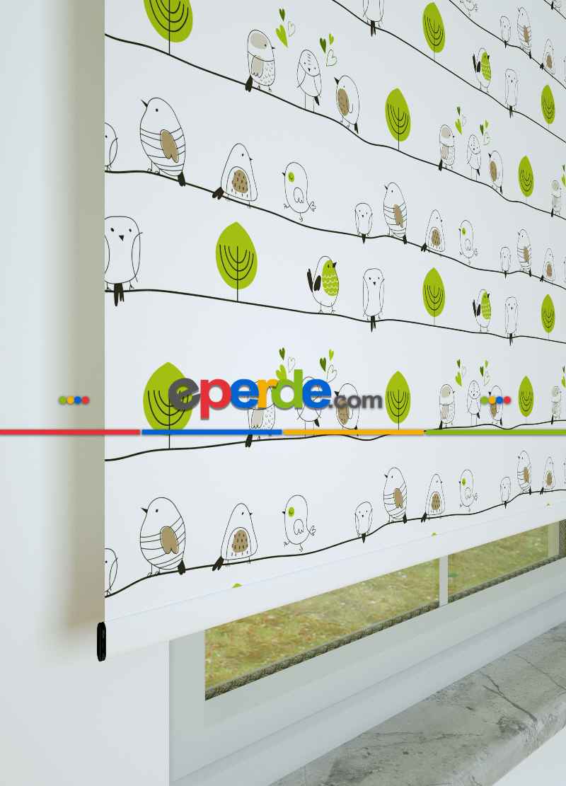 Yeşil Yaprak Ve Kuş Desenli Baskılı Stor Perde