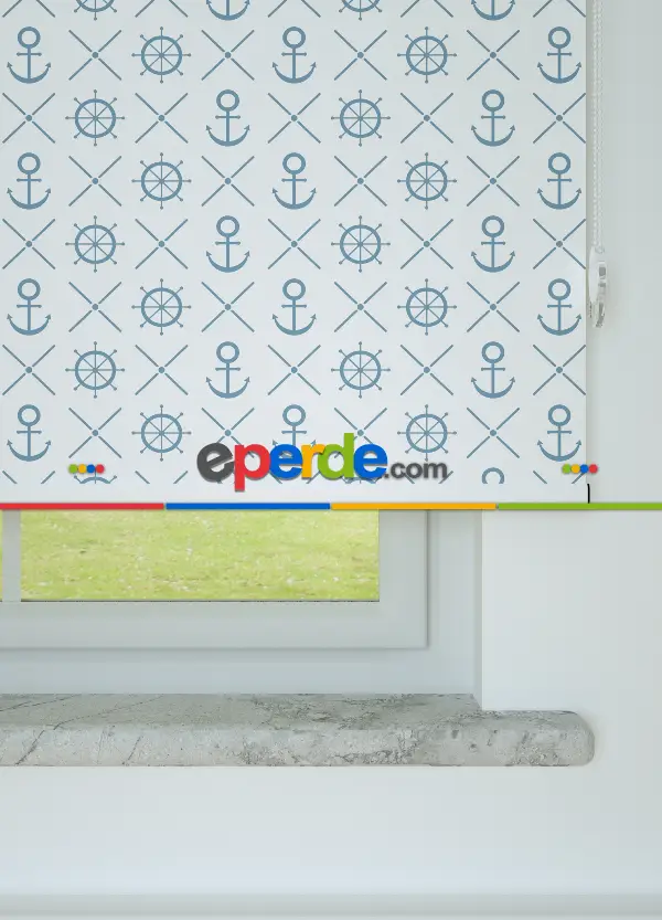 Mavi Denizci Desenli Baskılı Stor Perde