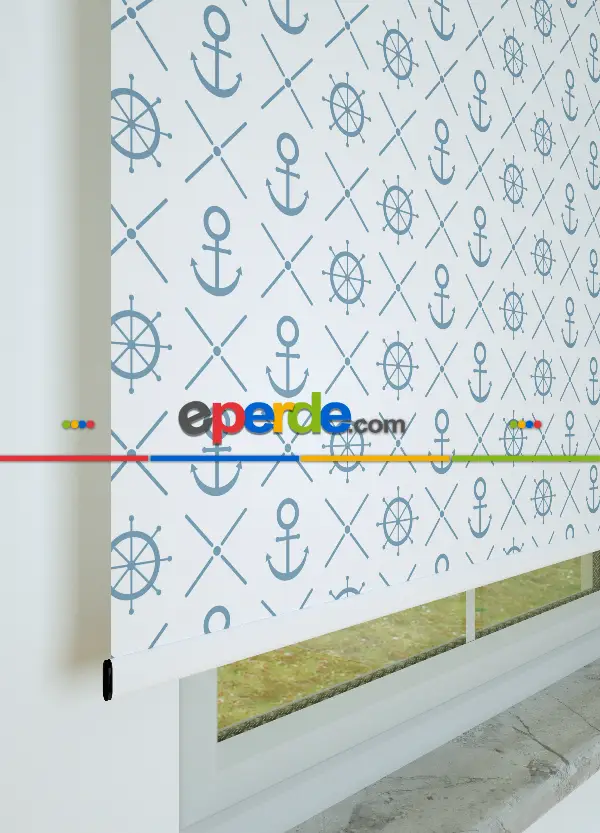 Mavi Denizci Desenli Baskılı Stor Perde