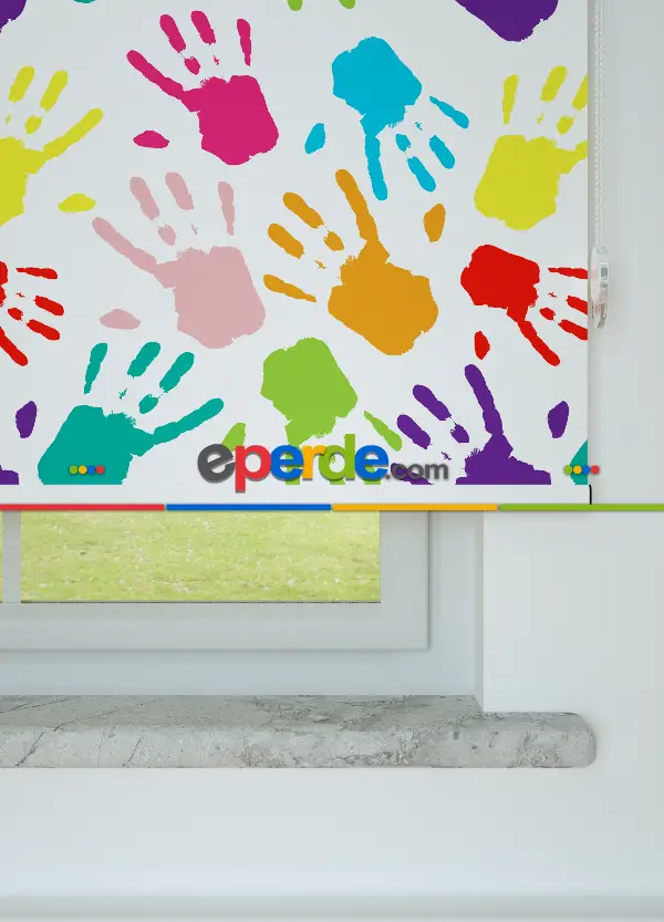 Boyalı Eller Desenli Baskılı Stor Perde