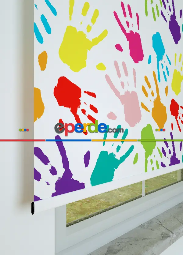 Boyalı Eller Desenli Baskılı Stor Perde