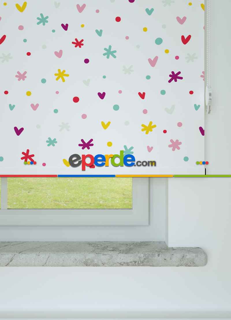 Minik Kalp Desenli Baskılı Stor Perde