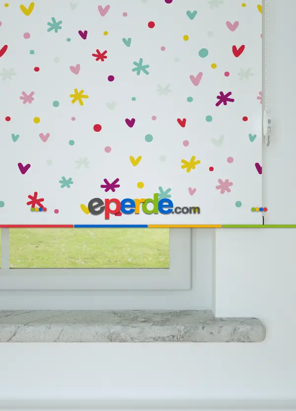 Minik Kalp Desenli Baskılı Stor Perde