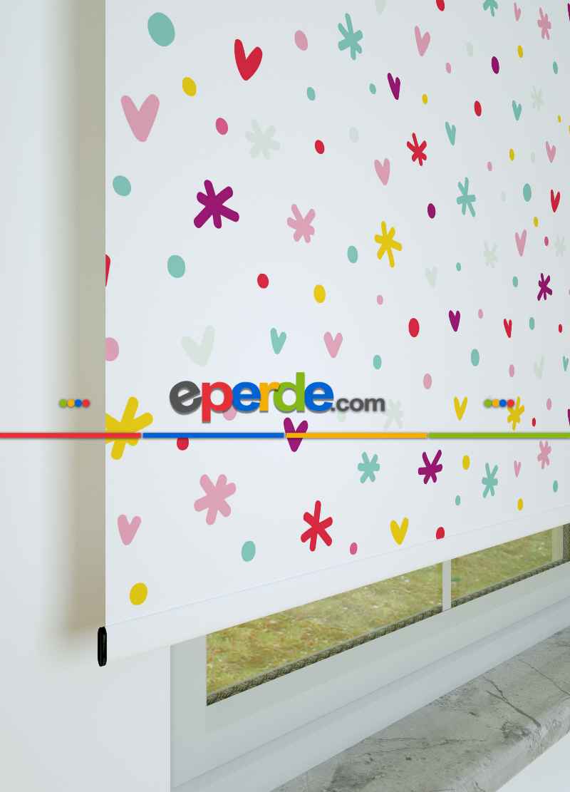 Minik Kalp Desenli Baskılı Stor Perde