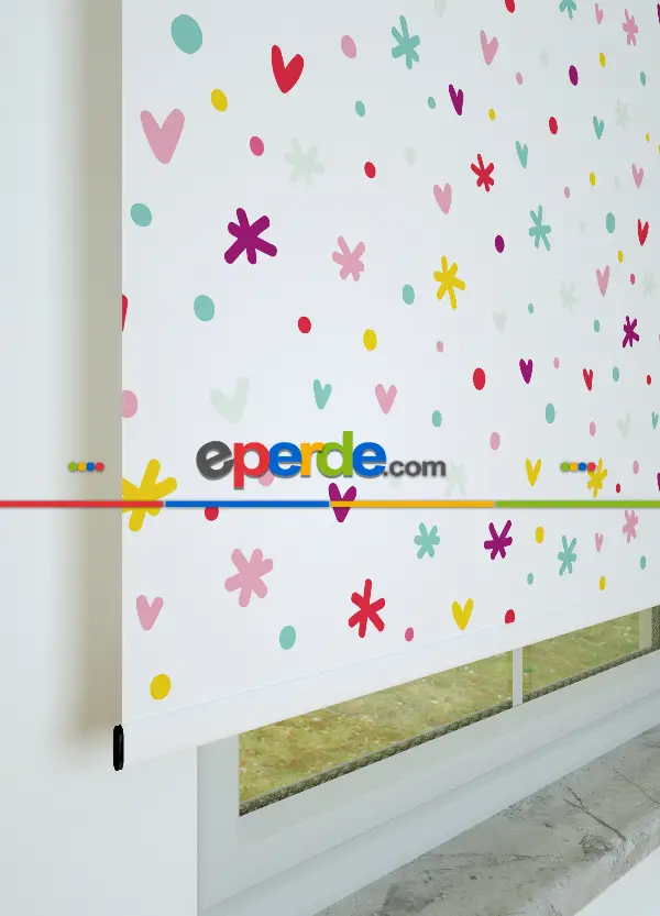 Minik Kalp Desenli Baskılı Stor Perde