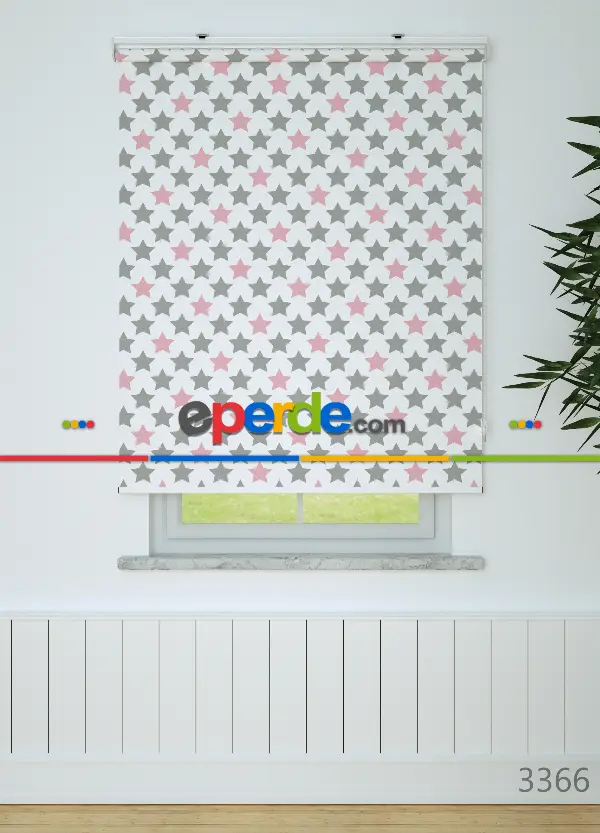 Gri Pembe Yıldız Desenli Baskılı Stor Perde