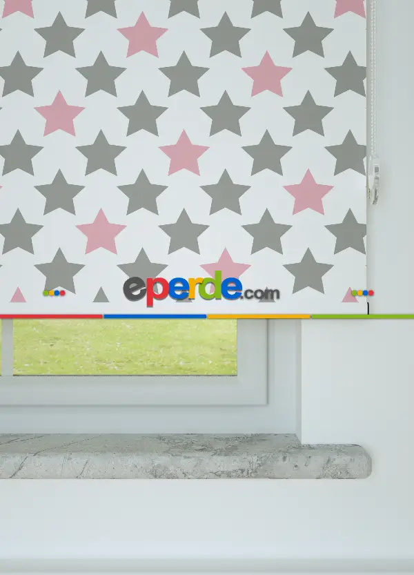 Gri Pembe Yıldız Desenli Baskılı Stor Perde