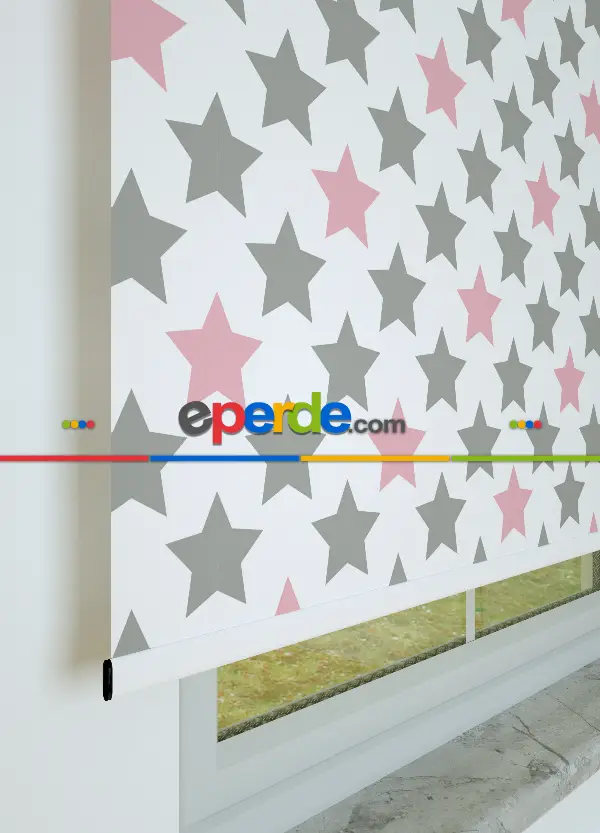 Gri Pembe Yıldız Desenli Baskılı Stor Perde