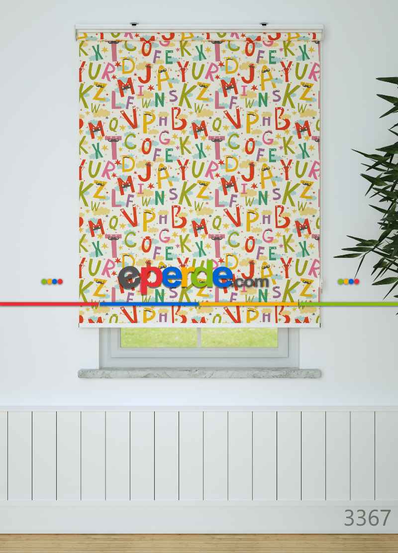 Renkli Harfler Desenli Baskılı Stor Perde