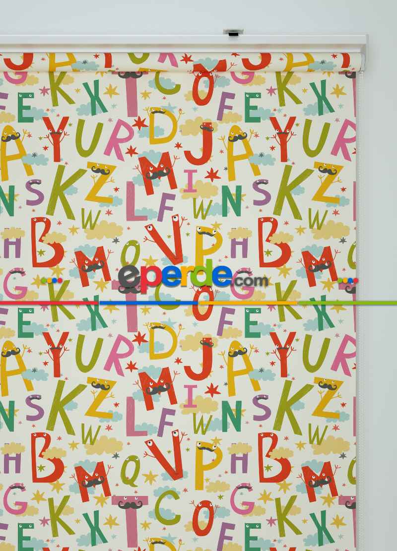 Renkli Harfler Desenli Baskılı Stor Perde