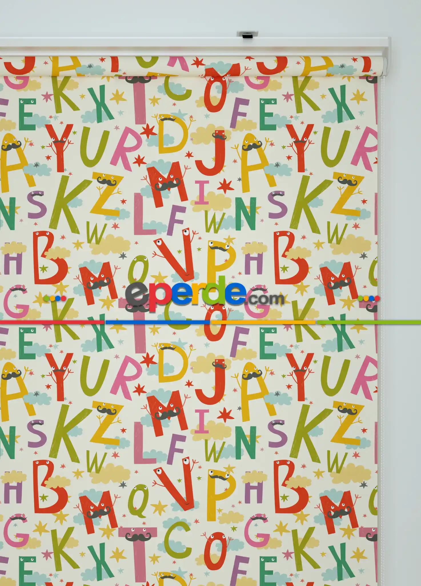 Renkli Harfler Desenli Baskılı Stor Perde