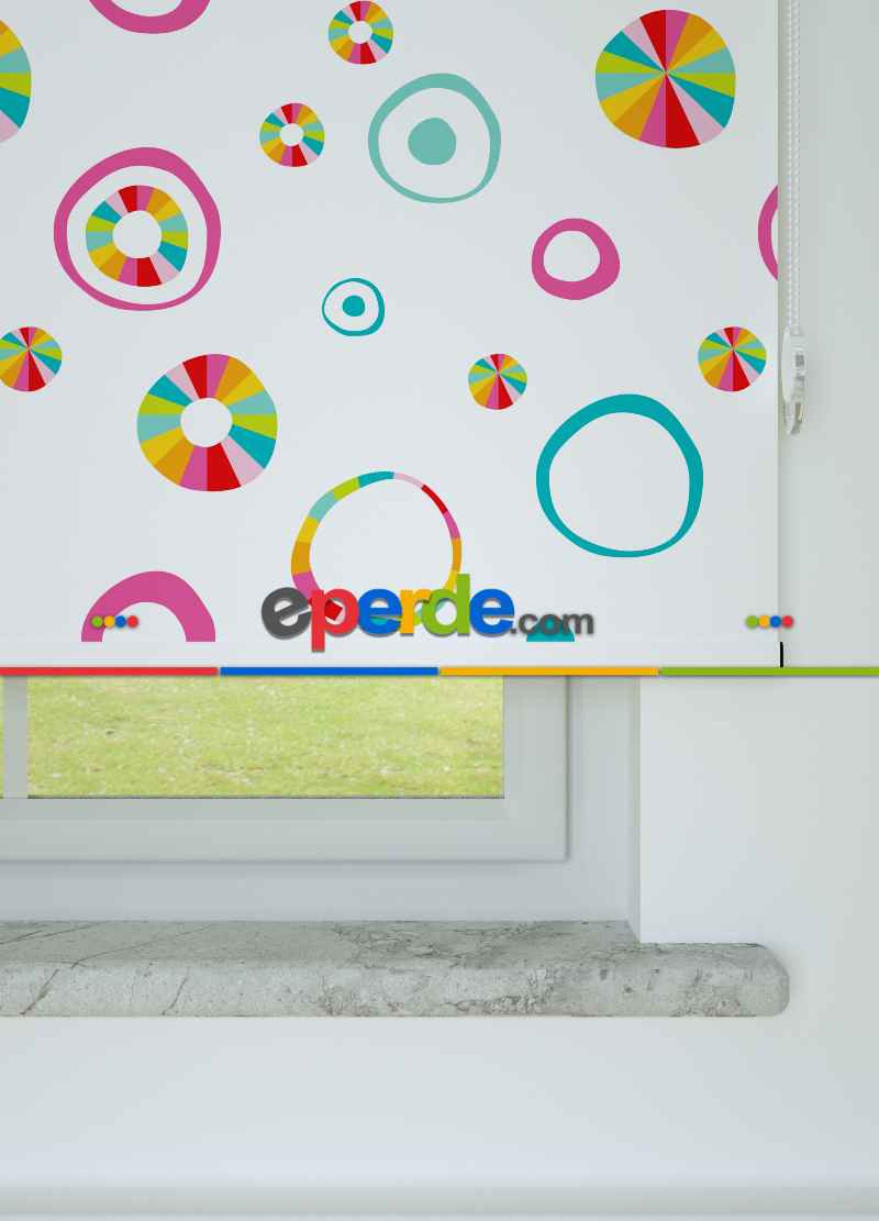 Renkli Yuvarlaklar Desenli Baskılı Stor Perde