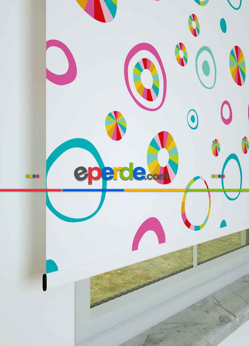 Renkli Yuvarlaklar Desenli Baskılı Stor Perde