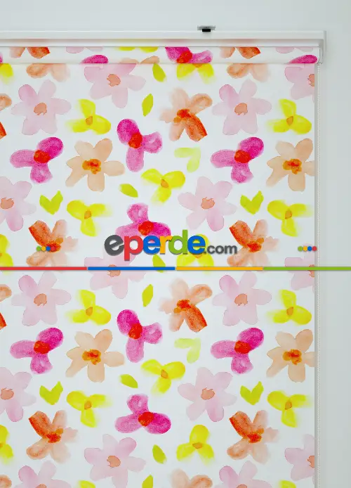 Pembe Çiçek Desenli Baskılı Stor Perde